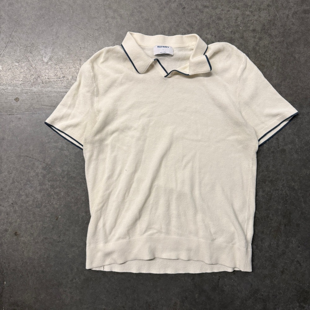 Old Navy Mens Large Cream Knit Polo Shirt Short Sleeve Navy Tipped Johnny Collar